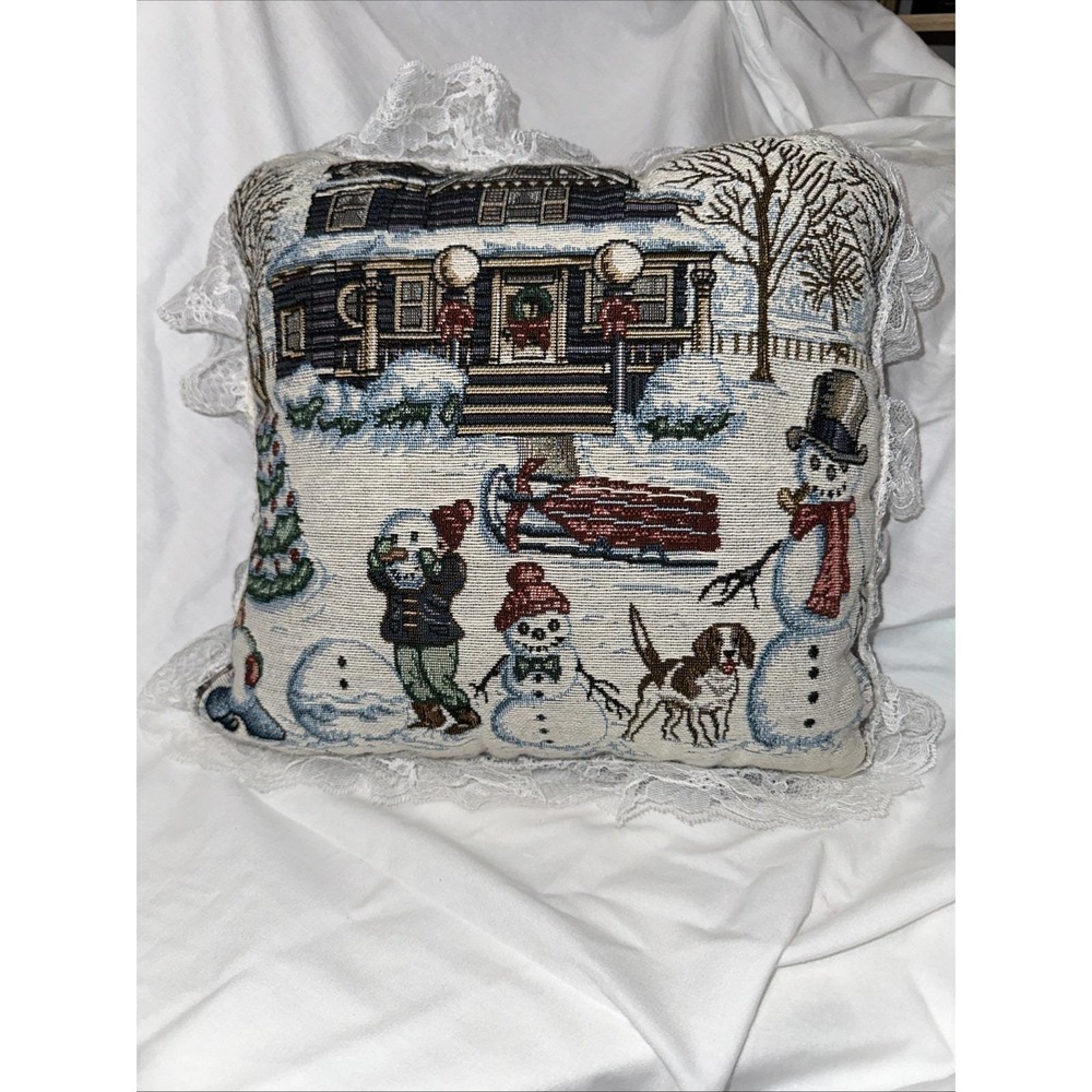 Winter Tapestry Throw Pillow‎ Snowman Scene Rustic Lodge Holiday Cabin Décor